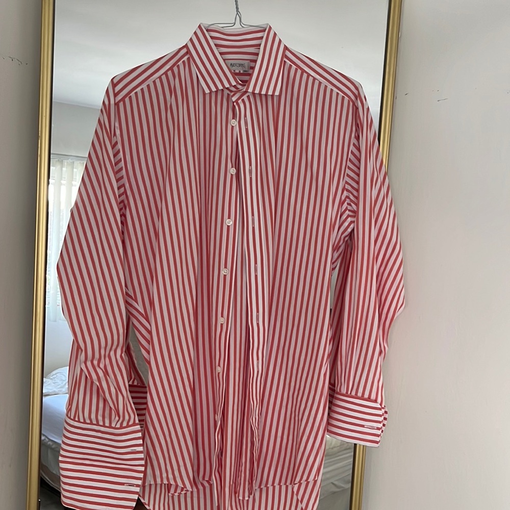 A bespoke ascot Chang shirt with French cuffs In a wonderful red awning stripe.